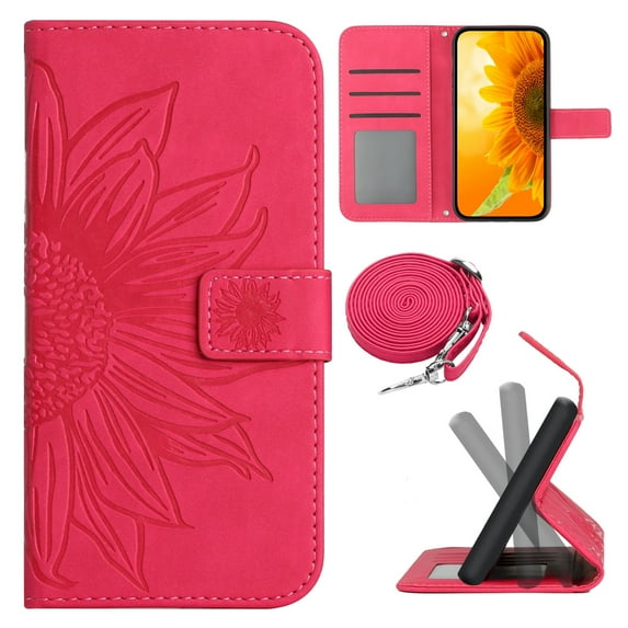 Stylish Wallet Case for Motorola Moto G Play 2023, Sunflower Embossed with Shoulder Strap & Kickstand & Card Slots & Cash Pocket Drop Protection Flip Case for Motorola Moto G Play 2023 - Rose