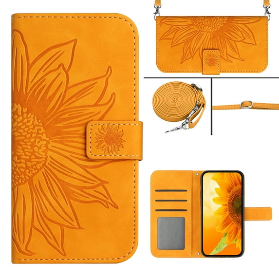 Stylish Wallet Case for Samsung Galaxy S23 FE, Sunflower Embossed with Shoulder Strap & Kickstand & Card Slots & Cash Pocket Drop Protection Flip Case Cover for Samsung Galaxy S23 FE - Yellow