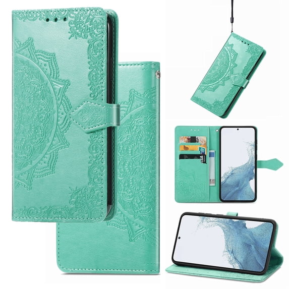 Stylish Wallet Case for iPhone 16, Floral Embossed PU Leather Magnetic Closure Kickstand Card Slots Wrist Strap Phone Cover for iPhone 16, Green