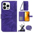 thumbnail image 1 of Stylish Wallet Case for iPhone 14 Pro Max, Sunflower Embossed with Shoulder Strap & Kickstand & Card Slots & Cash Pocket Drop Protection Flip Case Cover for iPhone 14 Pro Max - Darkpurple, 1 of 10
