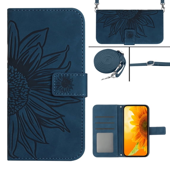 Stylish Wallet Case for iPhone 15 Plus, Sunflower Embossed with Shoulder Strap & Kickstand & Card Slots & Cash Pocket Drop Protection Flip Case Cover for iPhone 15 Plus - Inkblue