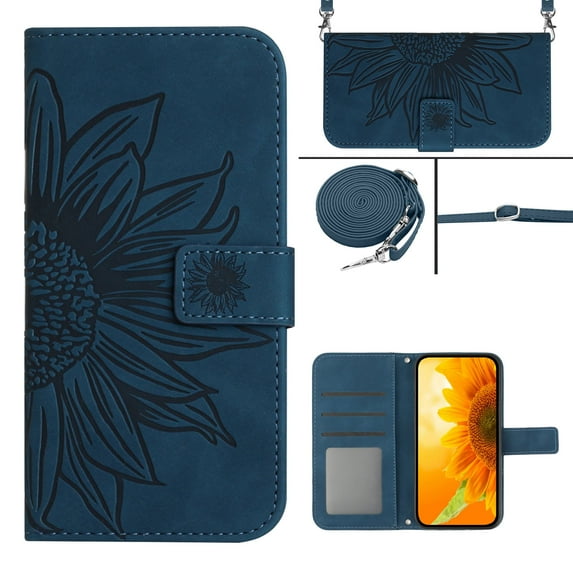 Stylish Wallet Case for iPhone 15 Pro Max, Sunflower Embossed with Shoulder Strap & Kickstand & Card Slots & Cash Pocket Drop Protection Flip Case Cover for iPhone 15 Pro Max - Inkblue