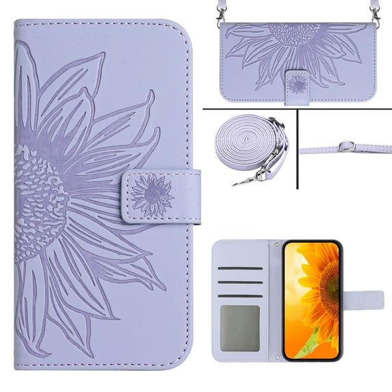 Stylish Wallet Case for iPhone X/XS, Sunflower Embossed with Shoulder Strap & Kickstand & Card Slots & Cash Pocket Drop Protection Flip Case Cover for iPhone X/XS - Lightpurple