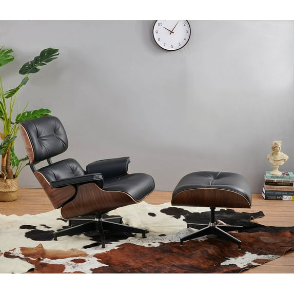 Stylish Walnut Plywood Lounge Chair Armchair Ottomans Set Handmade 100% Genuine Leather