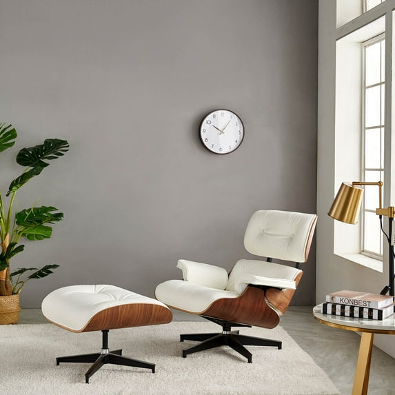 Stylish Walnut Plywood Lounge Chair Armchair Ottomans Set Handmade 100% Genuine Leather