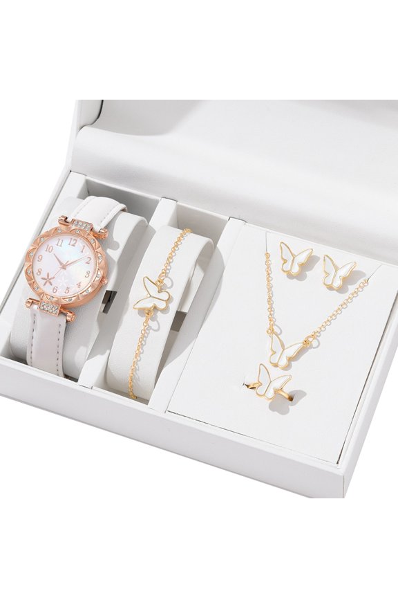 Stylish Watch with Matching Pendant Necklace Chain Bracelet Rings Butterfly Studs Earrings Jewelry Set Alloy Texture