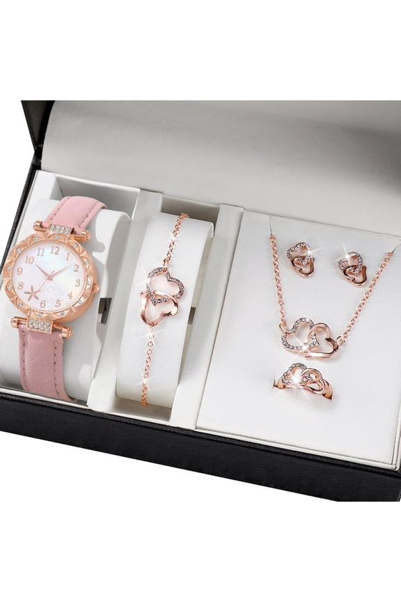 Stylish Watch with Matching Pendant Necklace Chain Bracelet Rings Butterfly Studs Earrings Jewelry Set Alloy Texture