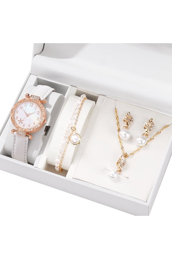 Stylish Watch with Matching Pendant Necklace Chain Rings Practical Studs Earrings Jewelry Set Alloy Texture