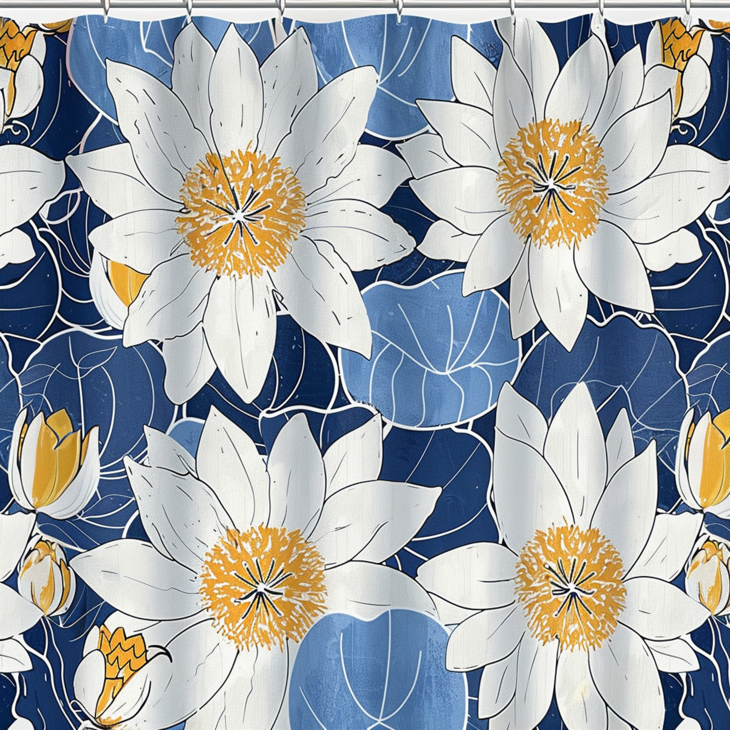 Stylish Water Lily Shower Curtain Blue White Grey Mustard Yellow