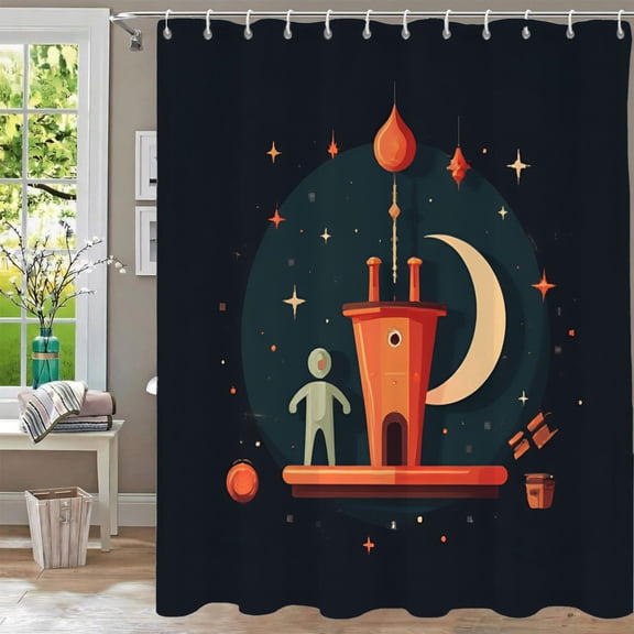 Stylish Waterproof Fabric Shower Curtain with Celestial Pattern Grommets & Hooks 70.8 x 70.8 Inch - Perfect for a Whimsical Bathroom