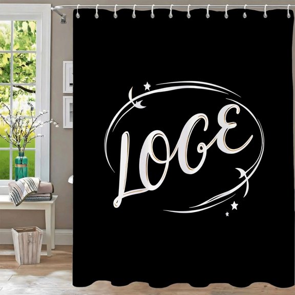 Stylish Waterproof Fabric Shower Curtain with ' LOGE ' in Cursive Decorative Stars & Swirls 70.8 x 70.8 Inch Grommets & Hooks Included