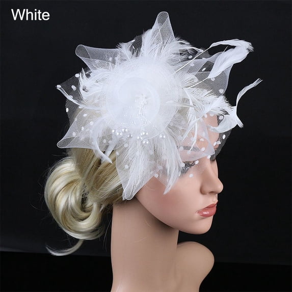 Stylish Wedding Cocktail Mesh Flower Tea Party Headband Feathers Hair Clip Alice Headband Clip Fascinator Hat WHITE