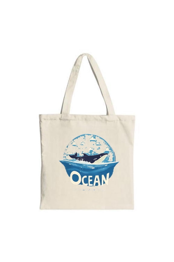 Stylish Whale Tote Bag - Blue & White Ocean Design Bold ' OCEAN ' Text Perfect for Shopping Travel & Parties Eco-Friendly Canvas