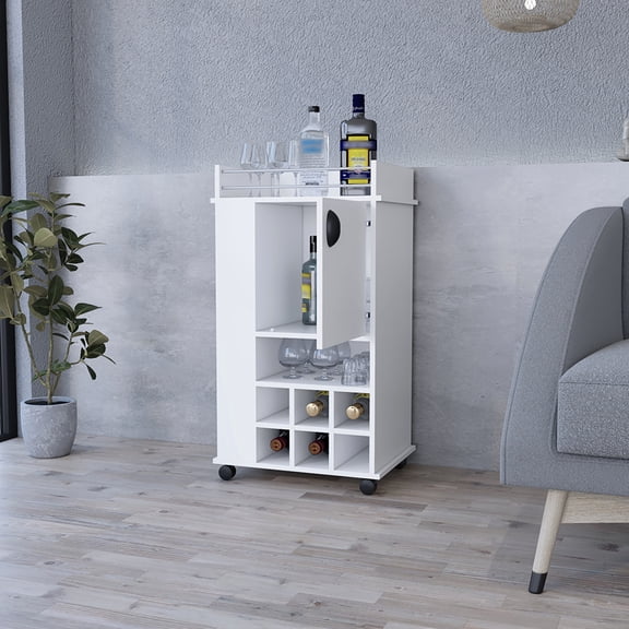 Stylish White Bar Cart , 6 Wine , Single Door And Long-term Durability Feature Contemporary With Bottle Functionality