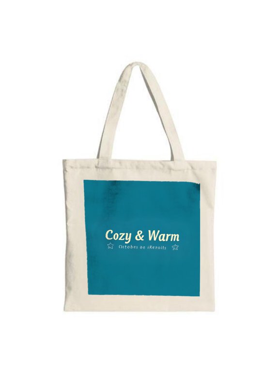 Stylish White Canvas Tote Bag with Teal Square Design " Cozy & Warm " & " no Heroi " - Perfect for Shopping Travel & Parties