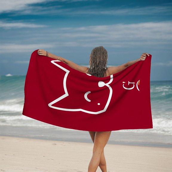 Stylish White Cat Face Beach Towel - Smiling Cat Design Red Background with Rainbow Perfect for Pool Travel & Bath