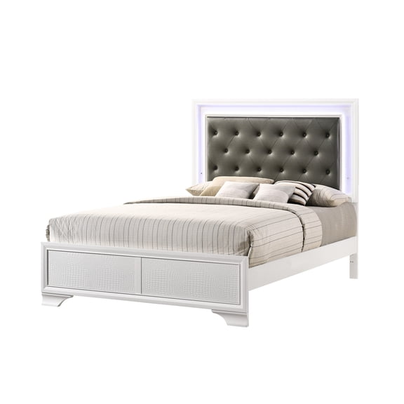 Stylish White Crocodile Pattern Led Bed With Faux Diamond Headboard For Queen Size Skin Finish