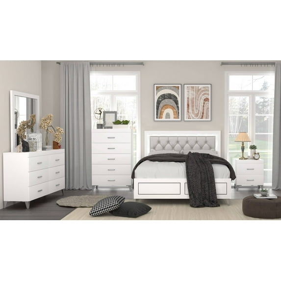 Stylish White Finish 5pc Bedroom Set Eastern King Size Bed Button-Tufted LED Headboard Nightstand Dresser Chest Mirror