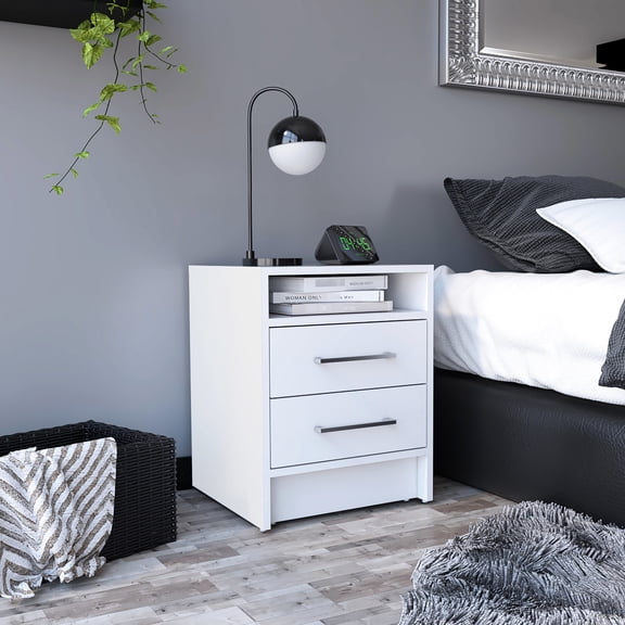 Stylish White Living Room End Table With Two Drawers And Decorative Element Side 2 For Organization