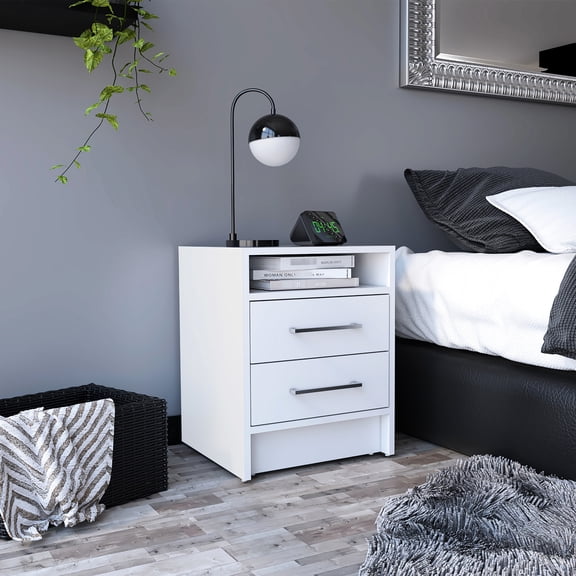 Stylish White Living Room End Table With Two Drawers And Decorative Touch Practical Nightstand For Efficient Bedroom Space