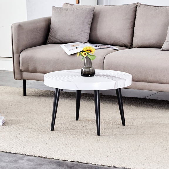 Stylish White Marble Coffee Table, 23.6" Diameter, , Suction Molding Treatment, Black Metal Leg, Adjustable Feet Design Charming Pattern 23.6 Inches In Processed Surface, Thick Construction, Stand