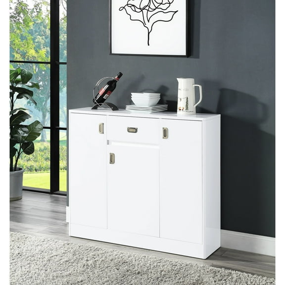 Stylish White Server With Glossy Finish - Versatile For Any Home. 1 Drawer, 3 Doors, 5 Adjustable Shelves. Synthetic Wood. 41"w X 36"h 12"d. Seamless Drawer Opening Elegant High Gloss Practical And