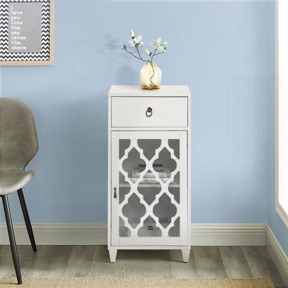 Stylish White Side Table Having a Glass Door & Drawer for Home Decor