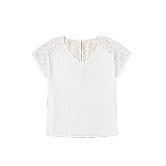 Stylish White V Neck Tee with Unique Button Back and Intricate Lace Crochet Detail - [ZhiHiMeRi] | (US 8-10)M