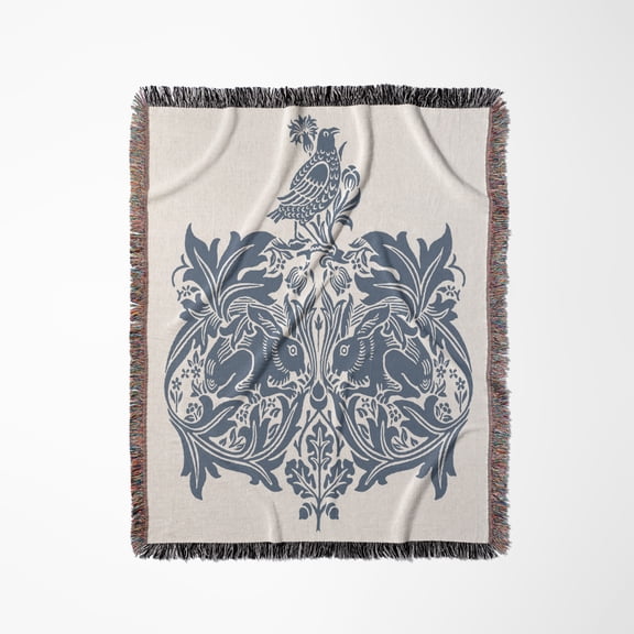 Stylish William Morris Rabbit Emblem In French Blue, Woven Blanket