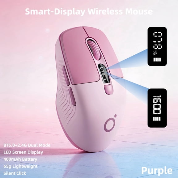 Stylish Wireless Mouse for Women with LED Battery & DPI Display, BT/2.4G Silent Rechargeable Portable Mouse, Lightweight Office Mouse for Laptop, Study, Travel & Home – Purple