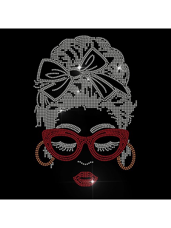 Stylish Woman Rhinestone Iron on Hotfix Heat Transfer Sunglasses Lady Clear Bling DIY Patch Repair Hot Fix Applique Transfer Patch for T-Shirt Jacket Clothing Craft Colorful