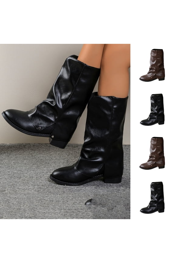 Stylish Women Fall Winter Mid Calf Boots Slouchy Silhouette Classic Round Toe and Stable Square Mid Heel Boots for Everyday Outfit Matching Brown 9(43)