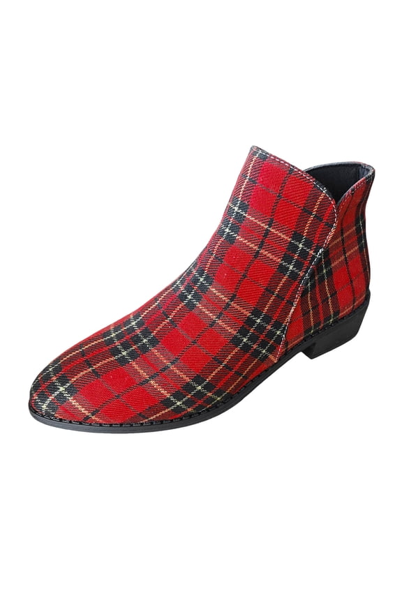 Stylish Women's Ankle Boots Fashion Christmas Plaid Pointed Side Zipper Thick Heel Booties for Females