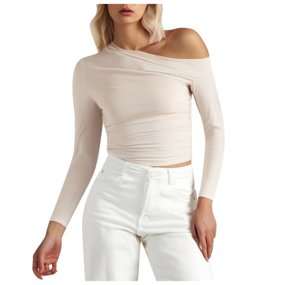 Stylish Women's Asymmetrical Shoulder Solid Color Crop Top Long Sleeve T-Shirt for Fashionable Outings and Casual Wear