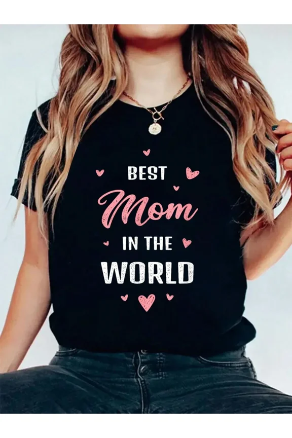 Stylish Women's 'BEST Mom IN THE WORLD' Black Graphic T-Shirt with Cute Pink Hearts, Heartfelt Appreciation Apparel, Perfect Mother's Day or Birthday Gift for Special Moms