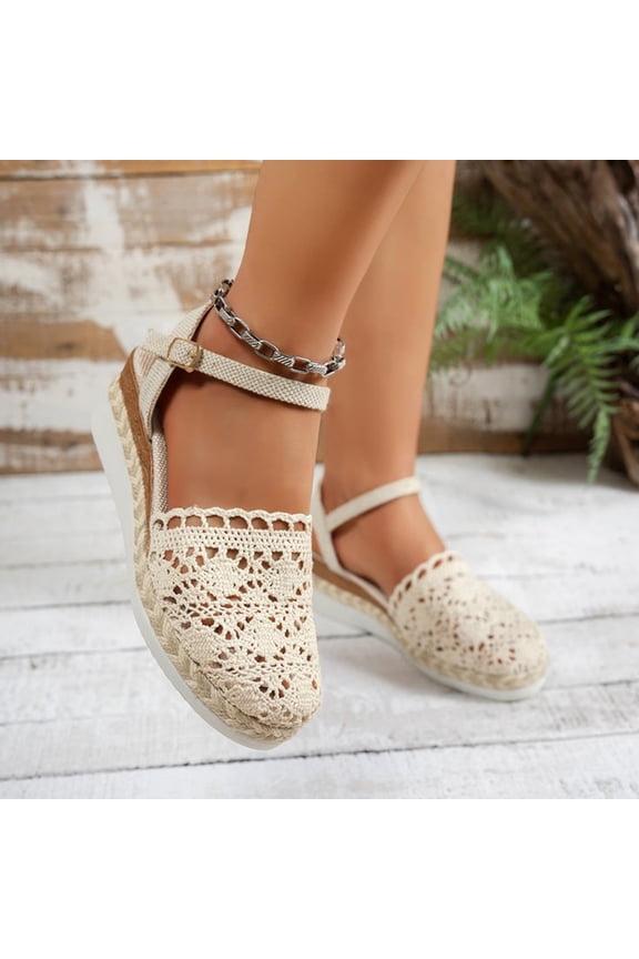 Stylish Women's Beige Espadrille Wedges, Closed Toe Lace Sandals with Buckle Strap, Breathable Woven Platform, Comfortable High Heels for Work Date Night, Perfect Gift for Mom Wife, Size 5-10