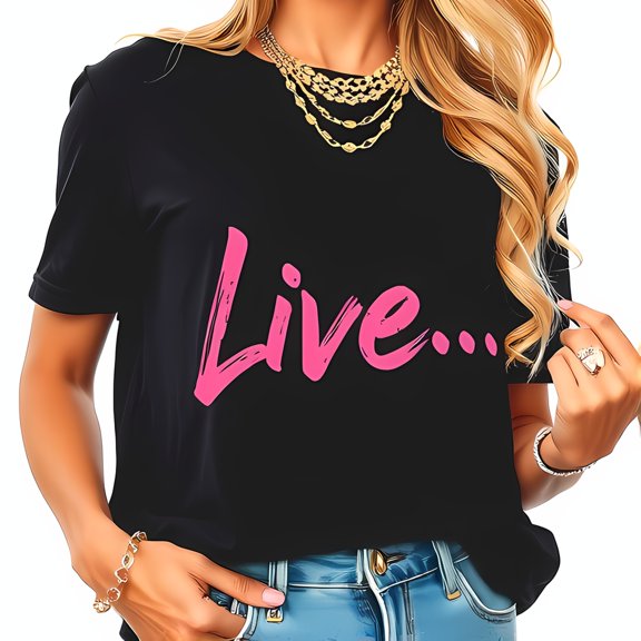 Stylish Women's Black Short-Sleeve T-Shirt with Bold Hot Pink 'Live ' Graphic - Casual Chic Look