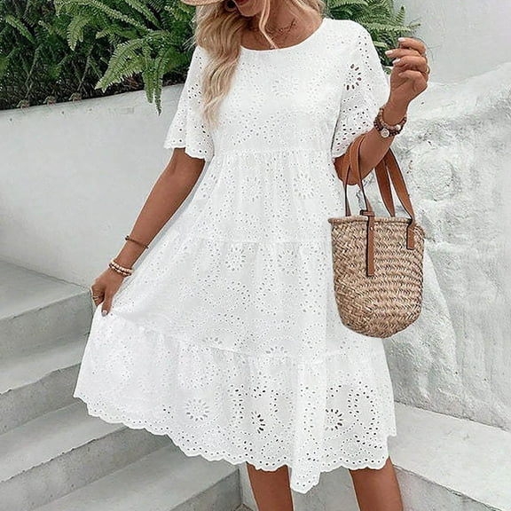 Stylish Women's Casual Dress Elegant Lace Jacquard Hollow Out Slim Fit V Neck for Any Occasion