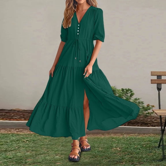 Stylish Women's Casual Dress Loose Fit V Neck Hollow Long Sleeve for Everyday Wear