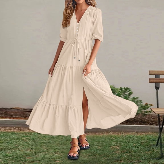 Stylish Women's Casual Dress Loose Fit V Neck Hollow Long Sleeve for Everyday Wear