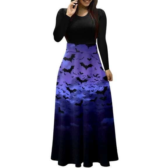 Stylish Women's Casual Dress for Autumn and Winter - Round Neck Long Sleeve Printed Design with Flowing Long Skirt