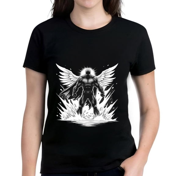 Stylish Women's Cotton Short Sleeve T-Shirt - Heroic with Wings Design Glow Dark Background