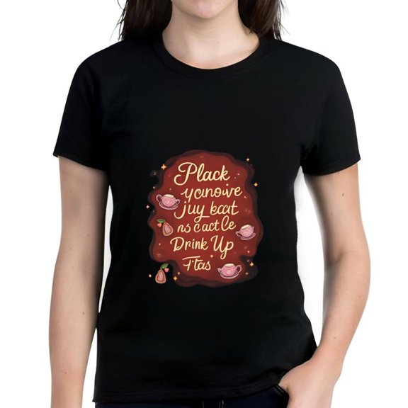 Stylish Women's Cotton Short Sleeve T-Shirt with Whimsical Tea-Themed Design Featuring White & Yellow Text on Brown Background Cute Pink Teacups & Strawberry Illustrations