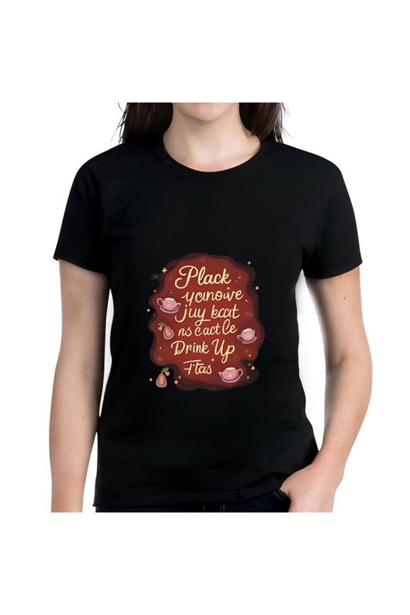Stylish Women's Cotton Short Sleeve T-Shirt with Whimsical Tea-Themed Design Featuring White & Yellow Text on Brown Background Cute Pink Teacups & Strawberry Illustrations