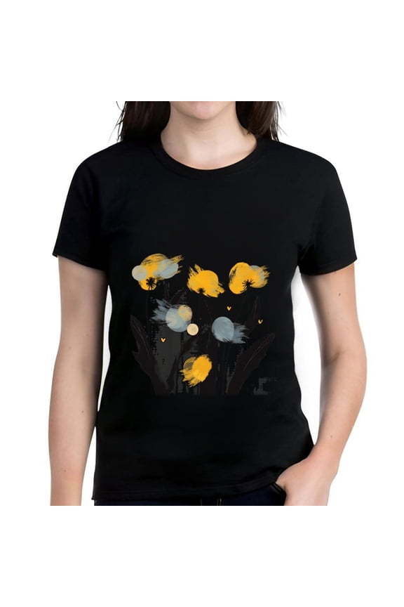 Stylish Women's Cotton Short Sleeve T-Shirt with Abstract Floral Design in Yellow and Gray on Dark Background - Modern Minimalist Aesthetic