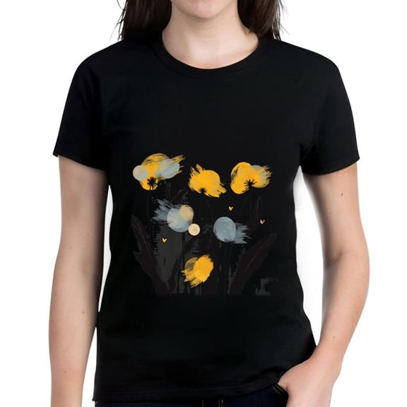 Stylish Women's Cotton Short Sleeve T-Shirt with Abstract Floral Design in Yellow and Gray on Dark Background - Modern Minimalist Aesthetic