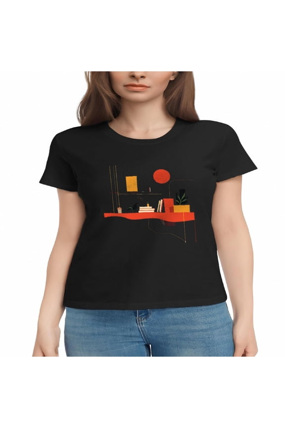 Stylish Women's Cotton Short Sleeve T-Shirt with Abstract Red Shelf Design Minimalist Aesthetic Modern Art Tee Top