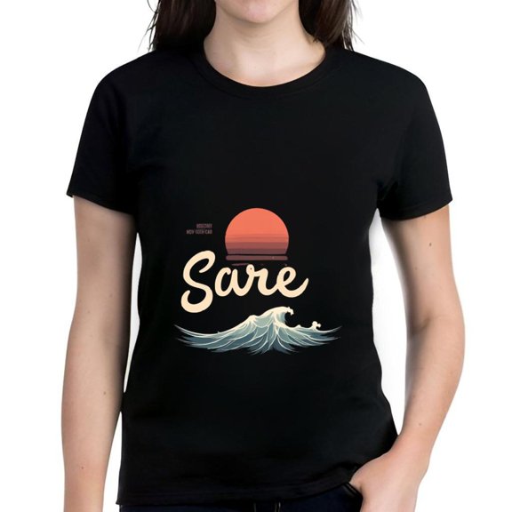 Stylish Women's Cotton Short Sleeve T-Shirt with Beach-Inspired Graphic: Cursive ' Sare ' with Sun & Wave Design in Red Orange White & Blue