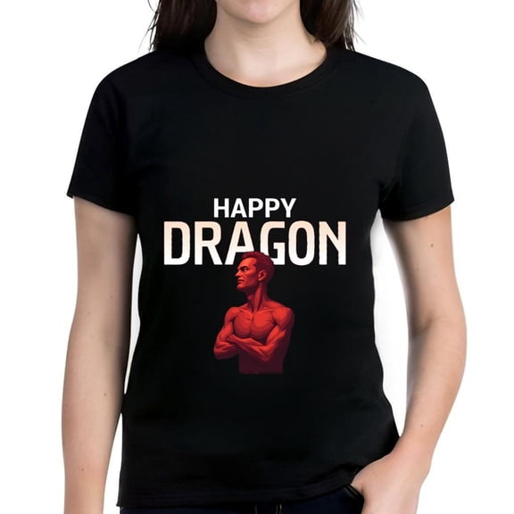 Stylish Women's Cotton Short Sleeve T-Shirt with Bold ' HAPPY DRAGON ' Graphic Design and Muscular Red Figure