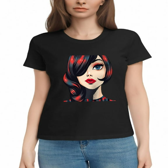 Stylish Women's Cotton Short Sleeve T-Shirt with Bold Illustrated Face Dark Hair with Red Highlights Blue Eyes & Cityscape Design